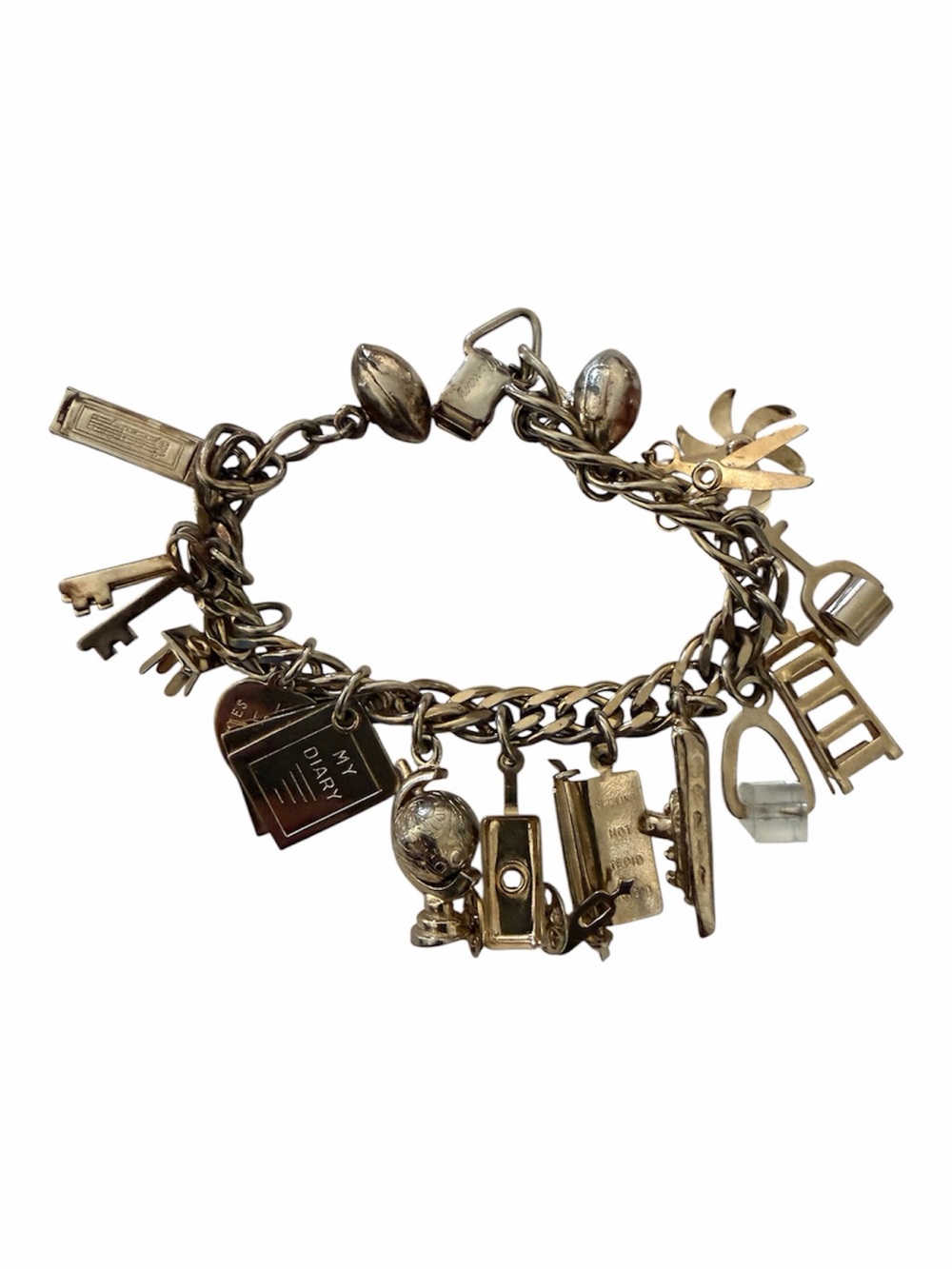Vintage 1950s Gold Tone Charm‎ Bracelet Keys Diary Globe Mid Century Estate